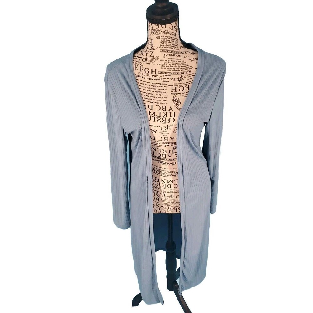 Womens Duster Cardigan Large Ribbed  Jersy Knit Blue Long Sleeve Lightweight